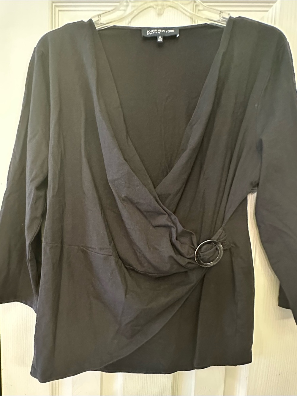 Jones New York Black Wrap-Front Top with Ring Accent